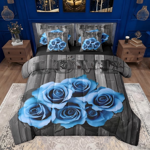 Feelyou Romantic Valentine's Day Bedding Comforter Set 7 Pieces, Blue Rose Flower Floral Full Bedding Set, Rustic Lake House Reversible Fitted Sheet Flat Sheet, Luxury Bedroom Decor