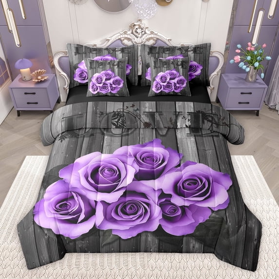 Feelyou Romantic Valentine's Day Bedding Comforter Set 7 Pieces, Rose Flower Purple Full Bedding Set, Rustic Lodge Cabin Reversible Fitted Sheet Flat Sheet, Microfiber Bedroom Decor