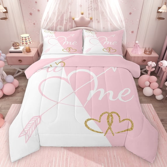 Feelyou Romantic Valentines Day Bedding Comforter Set, Cartoon Love Heart Twin Comforter Sets, Kawaii Princess White Pink Reversible Bedding Set, Ultra Soft Bedroom Decor, 2pcs