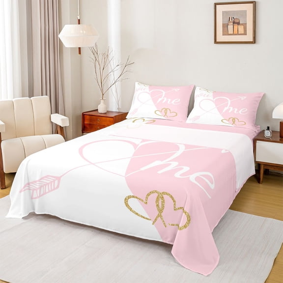 Feelyou Romantic Valentines Day Queen Sheet Sets, Cartoon Love Heart Flat Sheet, Kawaii Princess White Pink Queen Fitted Sheet, Ultra Soft Bedroom Decor, 4pcs