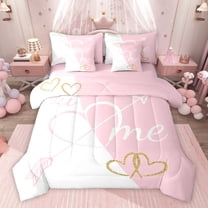 Feelyou Romantic Valentines Day Twin Bedding Sets 7-Piece, Cartoon Love Heart Bedding Comforter Set, Kawaii Princess White Pink Reversible Sheet Sets, Ultra Soft Bedroom Decor