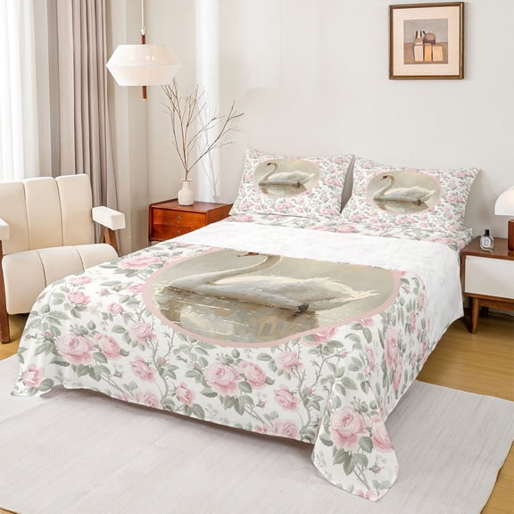 Feelyou Romantic White Swan Bed Sheets, Spring Flower King Sheets, 4 Pieces