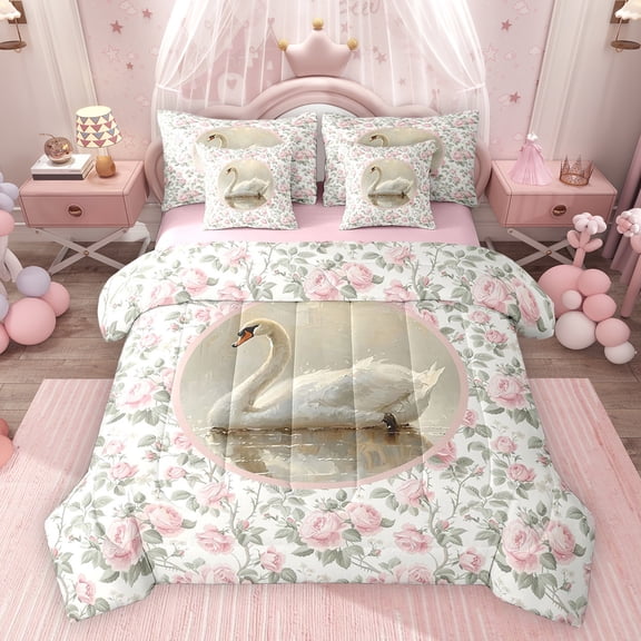 Feelyou Romantic White Swan Bedding Comforter Set 7pcs, Spring Flower Queen Bedding Sets