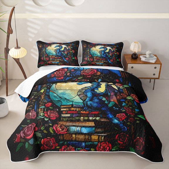 Feelyou Rose Floral Dragon Bed Spread Queen for Boys Teens, Western Moon Animal Queen Coverlet Set, Blue Red, 3pcs