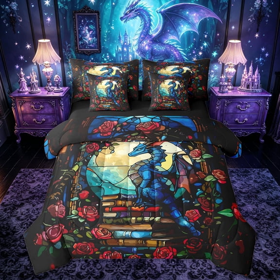 Feelyou Rose Floral Dragon Twin Bedding Sets for Kids Boys Teens, Western Moon Animal Bedding Comforter Set, Blue Red, Black Reversible, 7pcs