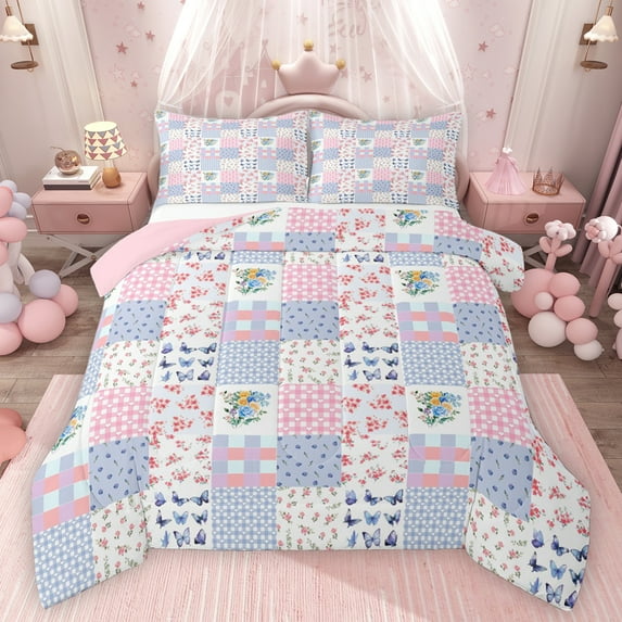 Feelyou Rose Floral Flower Queen Comforter Set, Blue Patchwork Buffalo Bedding Sets, Dreamy Blue Butterfly Reversible Bedding Comforter Set, Super Cozy Room Decor, 3pcs