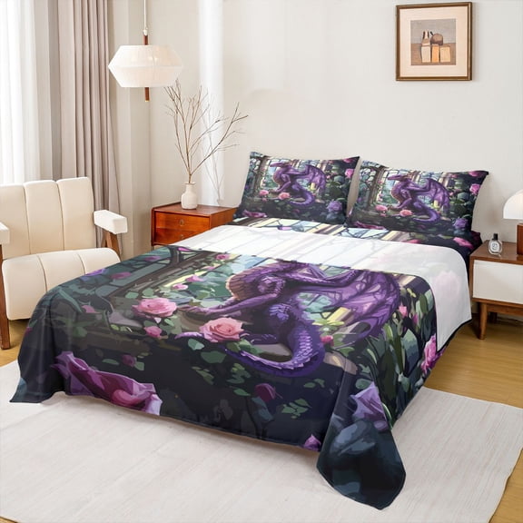 Feelyou Rose Floral Window Dragon Full Size Sheets for Girls Women Kids, Garden Gothic Wildlife Bed Sheets, Purple Green, 4-Piece