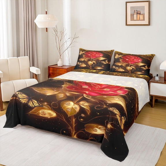 Feelyou Rose Flower Floral Bed Sheets, Romantic Anniversary King Sheets, Valentine's Day Theme Sheet Set, Luxury Bedroom Decor, 4pcs