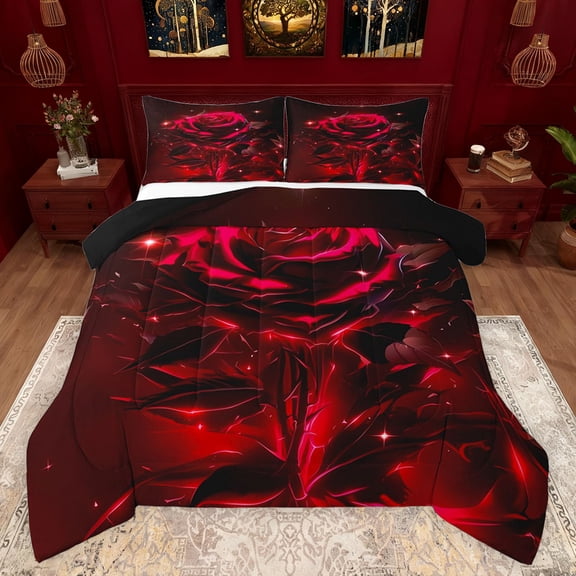 Feelyou Rose Flower Floral Queen Comforter Set, Red Glitter Stars Bedding Sets, Romantic Valentines Day Reversible Bedding Comforter Set, Ultra Soft Bedroom Decor, 3pcs