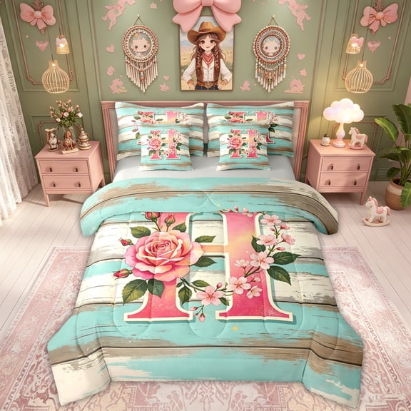 Feelyou Rose Flower Letter Full Size Bedding Sets for Women Girls, Teal Retro Rustic Wood Full Size Bed in a Bag, Grey Reversible, 7pcs