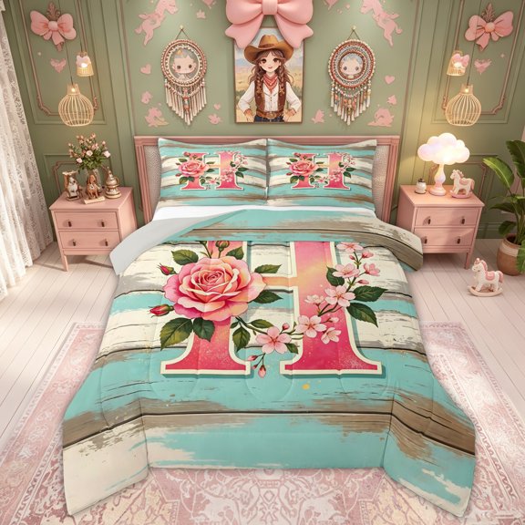 Feelyou Rose Flower Letter Full Size Comforter Sets for Women Girls, Teal Retro Rustic Wood Bedding Comforter Set, Grey Reversible, 3pcs, 1 Comforter and 2 Pillowcases