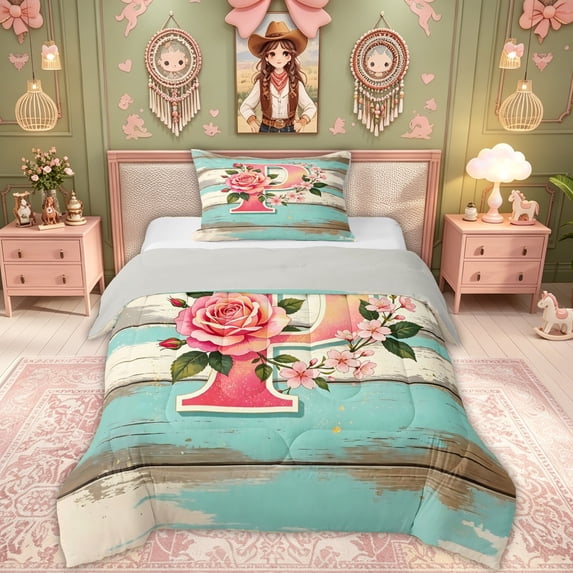 Feelyou Rose Flower P Letter Twin Comforter Sets for Women Girls, Teal ...