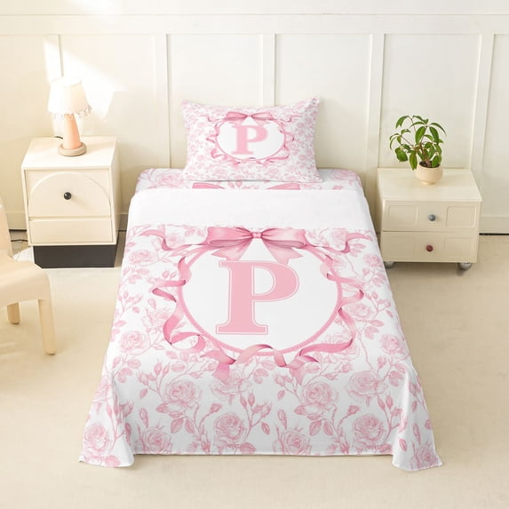 Feelyou Rose Letter P Twin Sheet Sets for Girls Kids, Kawaii Bowknot Bedding for Bedroom, Pink, 3pcs