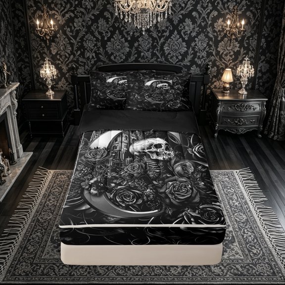 Feelyou Rose Skull Alphabet C Zipper Full Size Comforter Sets with Fitted Sheet and 2 Pillowcases for Women Girls, Gothic Floral Monogram Zipper Bedding Set, Black Reversible, 4pcs