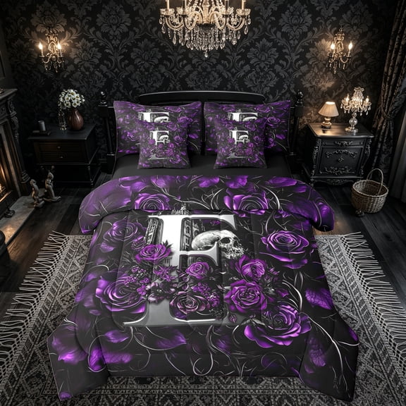 Feelyou Rose Skull Alphabet E Twin Bedding for Women Girls, Gothic Floral Monogram Bedding Comforter Set, Purple, Black Reversible, 7pcs