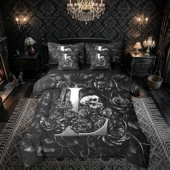 Feelyou Rose Skull Alphabet L Full Size Bedding Sets for Women Girls, Gothic Floral Monogram Full Size Bed in a Bag, Black Reversible, 7pcs