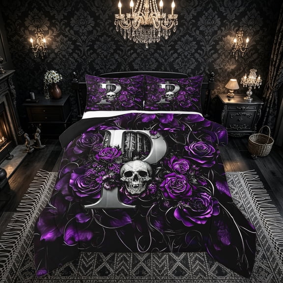 Feelyou Rose Skull Alphabet P Full Size Comforter Sets for Women Girls, Gothic Floral Monogram Bedding Comforter Set, Purple, Black Reversible, 3pcs, 1 Comforter and 2 Pillowcases