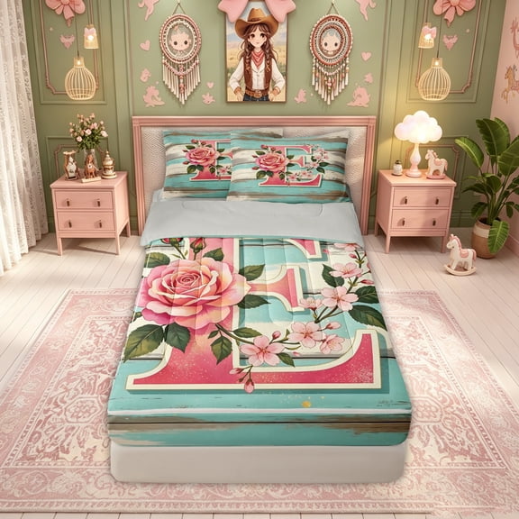 Feelyou Rose Wood Letter E Zipper Twin Comforter Sets with Fitted Sheet and 2 Pillowcases for Kids, Farmhouse Lodge Cabin Zipper Bedding Set, Pink Teal, Grey Reversible, 4-Piece
