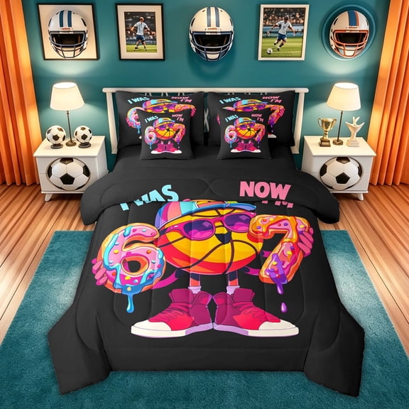 Feelyou Rugby 67 Number Twin Bedding for Boys, Funny Birthday Basketball Bedding Comforter Set, Black Reversible, 7-Piece