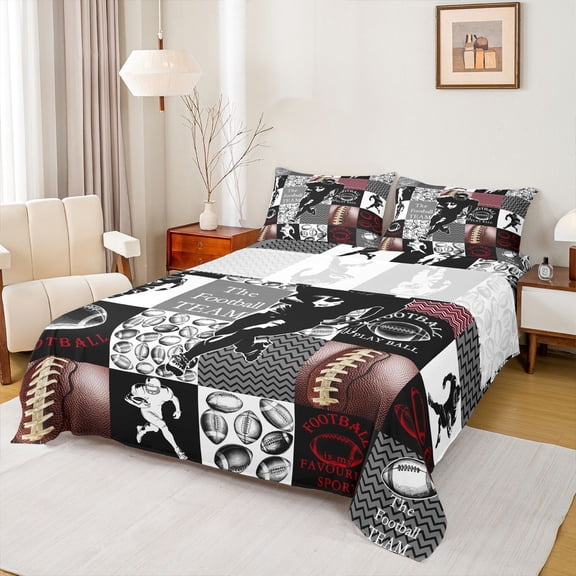 Feelyou Rugby Athlete Boys Bed Sheets, Modern Ball Game King Sheets, Fashion Patchwork Plaid Sheet Set, Luxury Bedroom Decor, 4pcs