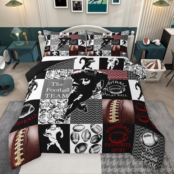 Feelyou Rugby Athlete Boys Full Size Comforter Sets, Modern Ball Game Bedding Comforter Set, Fashion Patchwork Plaid Reversible Bedding Sets, Luxury Bedroom Decor, 3pcs