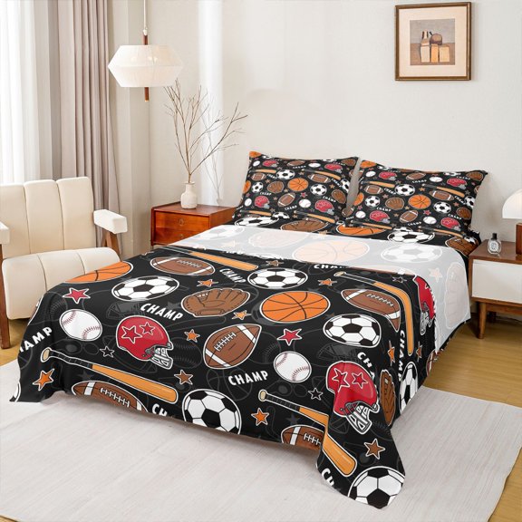 Feelyou Rugby Basketball Lover Bed Sheets for Kids, Cartoon Star Print Full Size Sheets, Black Orange, 4pcs, 1 Flat Sheet, 1 Fitted Sheet and 2 Pillowcases