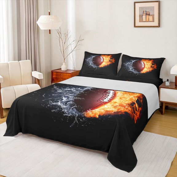 Feelyou Rugby Football King Sheets for Boys, Water Fire Splatter Ball Bedding, 4 Pieces, 1 Flat Sheet, 1 Fitted Sheet and 2 Pillowcases