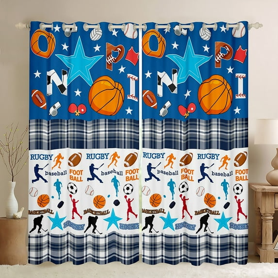 Feelyou Rugby Football Lover Blackout Curtains Set of 2 (52x84 Each) for Kid, Blue Bufalo Plaid Window Curtains, Ball Sports Theme Curtains and Drapes, Window Curtains Home Decor