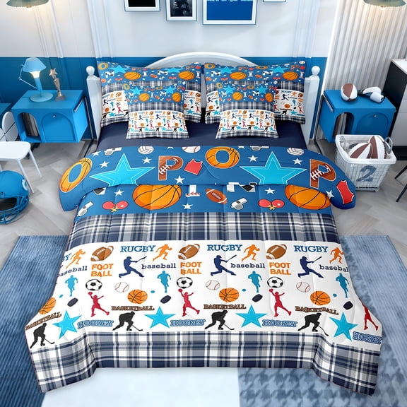 Feelyou Rugby Football Lover Twin Bedding Sets 7-Piece for Kid, Blue Bufalo Plaid Bedding Comforter Set, Ball Sports Theme Reversible Sheet Sets, Breathable Home Decor