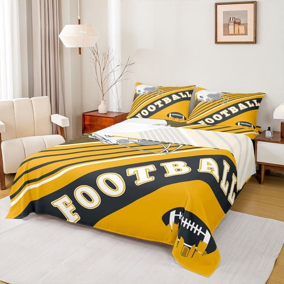 Feelyou Rugby Sport Player Bed Sheets for Teens, Gold Black Cartoon King Sheets, Football Soccer Theme Sheet Set, Breathable Home Decor, 4pcs