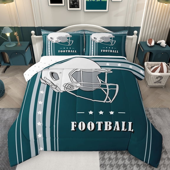 Feelyou Rugby Sport Player Bedding Comforter Set for Teens, Teal Grey Cartoon Twin Comforter Sets, Football Soccer Theme Reversible Bedding Set, Luxury Bedroom Decor, 2-Piece