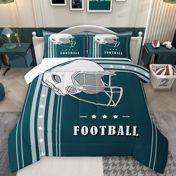 Feelyou Rugby Sport Player Full Size Comforter Sets for Teens, Teal Grey Cartoon Bedding Comforter Set, Football Soccer Theme Reversible Bedding Sets, Luxury Bedroom Decor, 3-Piece