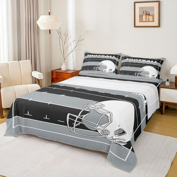 Feelyou Rugby Sport Player Full Size Sheets for Teens, Grey Black Cartoon Bed Sheets, Football Soccer Theme Sheet Sets, Lightweight Room Decor, 4 Pieces