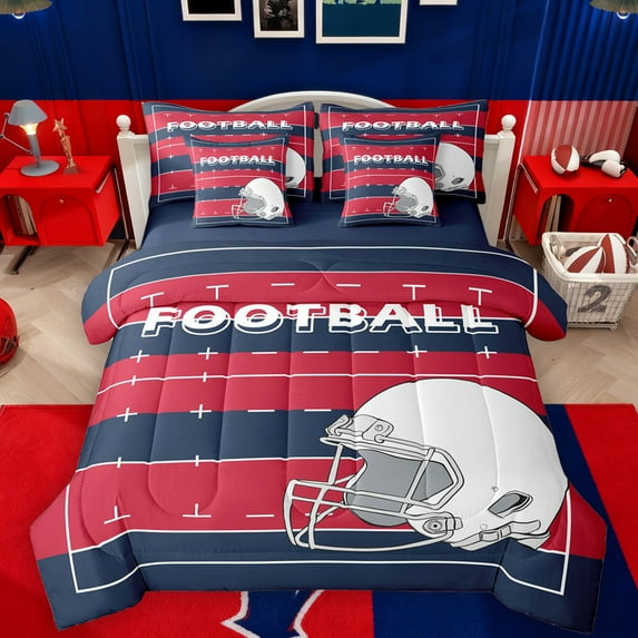 Feelyou Rugby Sport Player Twin Bedding Sets 7-Piece for Teens, Red Navy Cartoon Bedding Comforter Set, Football Soccer Theme Reversible Sheet Sets, Luxury Bedroom Decor