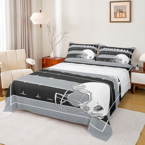 Feelyou Rugby Sport Player Twin Sheet Sets for Teens, Grey Black Cartoon Twin Fitted Sheet, Football Soccer Theme Flat Sheet, Lightweight Room Decor, 3 Pieces
