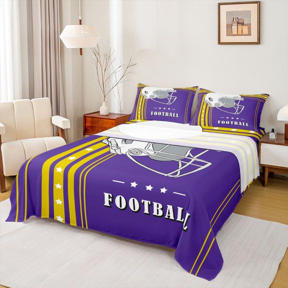 Feelyou Rugby Sport Player Twin Sheet Sets for Teens, Purple Gold Cartoon Twin Fitted Sheet, Football Soccer Theme Flat Sheet, Lightweight Room Decor, 3pcs