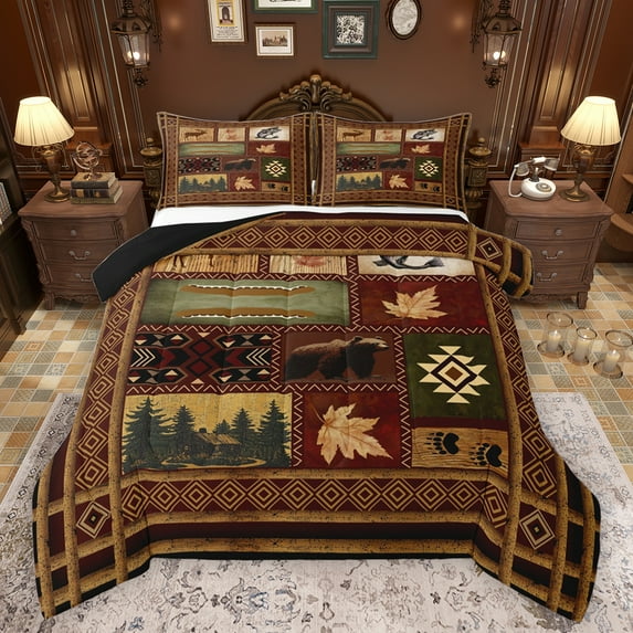 Feelyou Rustic Animal Bear Queen Comforter Set, Tribal Aztec Abstract Bedding Sets, Western Bohemian Theme Reversible Bedding Comforter Set, Luxury Bedroom Decor, 3pcs