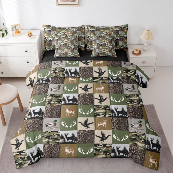 Feelyou Rustic Animal Bedding Comforter Set 7pcs, Green Camo King Bedding Sets