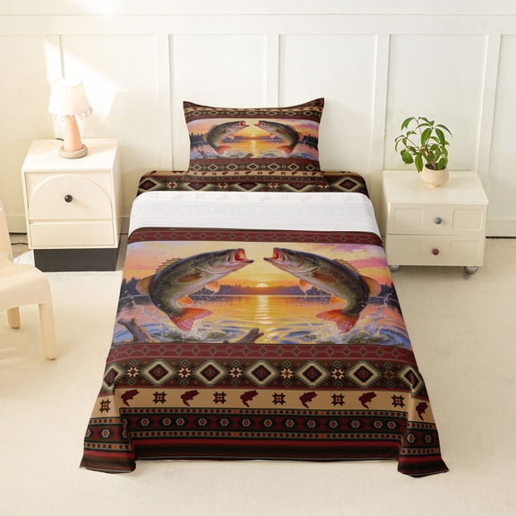Feelyou Rustic Aztec Frame Sunset Bass Fishing Twin Sheet Sets for Men, Lake Wave Wildlife Bedding, Brown Gold, 3-Piece