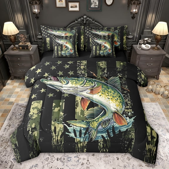 Feelyou Rustic Bass Fish Bedding Comforter Set 7 Pieces, Green Camo American Flag Full Bedding Set, Hunting and Fishing Reversible Fitted Sheet Flat Sheet, Breathable Home Decor