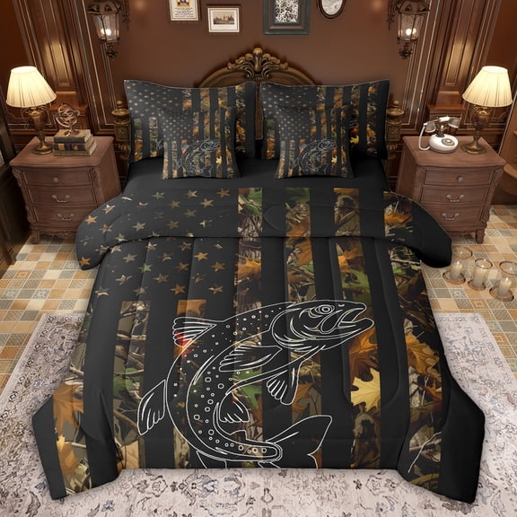 Feelyou Rustic Bass Fish Bedding Comforter Set 7pcs for Men, Cano American Flag Queen Bedding Sets, Jungle Leaf Branches Plant Reversible Queen Sheet Sets, Super Cozy Room Decor