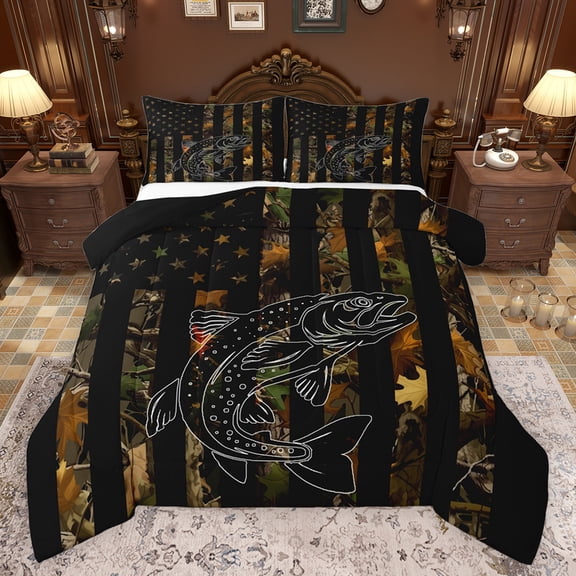 Feelyou Rustic Bass Fish 2-Piece Twin Comforter Set, Cano Flag Jungle Leaf Bedding