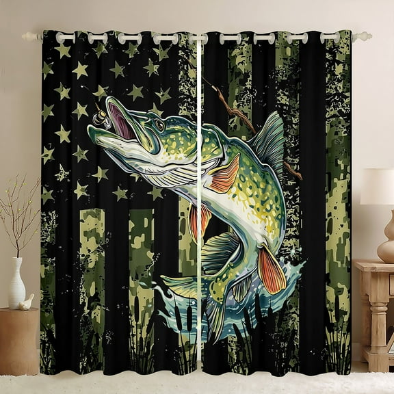 Feelyou Rustic Bass Fish Black Out Curtains, Green Camo American Flag Curtains Pack of 2 (42x63 Each), Hunting and Fishing Bedroom Curtains, Window Curtains Home Decor