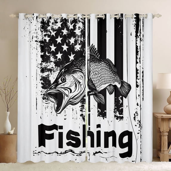 Feelyou Rustic Bass Fish Blackout Curtains Set of 2 (52x84 Each) for Men Women, Retro American Flag Window Curtains, Black White
