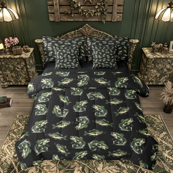 Feelyou Rustic Bass Fish Twin Bedding Sets for Kids Boys Girls, Gothic Lake Animal Bedding Comforter Set, Black Green, Black Reversible, 7pcs