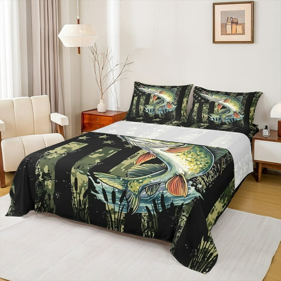 Feelyou Rustic Bass Fish Twin Sheet Sets, Green Camo American Flag Twin Fitted Sheet, Hunting and Fishing Flat Sheet, Breathable Home Decor, 3-Piece