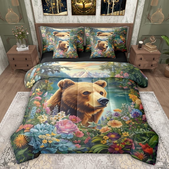 Feelyou Rustic Bear Animal Twin Bedding Sets 7-Piece, Spring Flower Floral Bedding Comforter Set, Jungle Wildlife Print Reversible Sheet Sets, Lightweight Room Decor