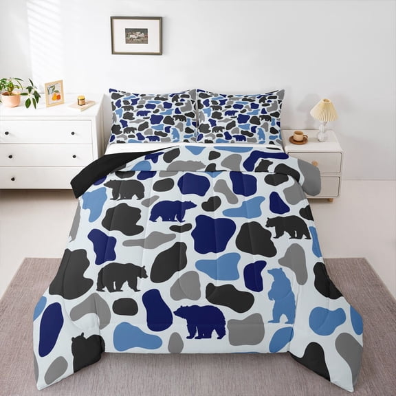 Feelyou Rustic Bear Animal Twin Comforter Sets, Vintage Blue Camo Bedding Set, 2-Piece