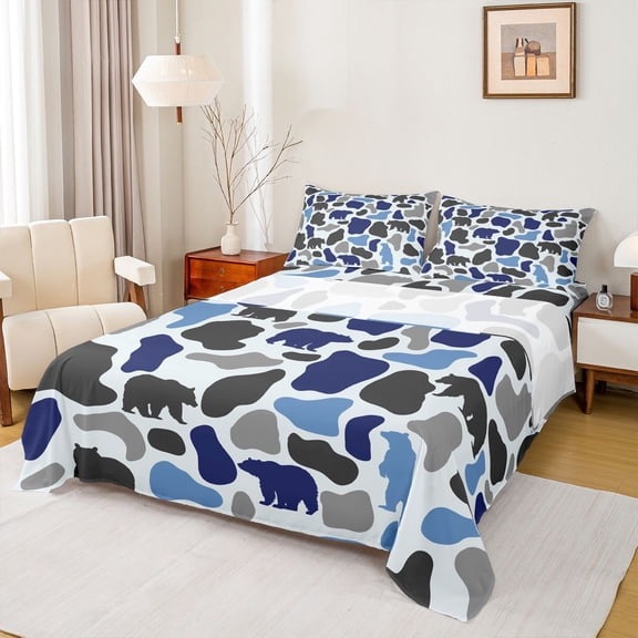 Feelyou Rustic Bear Animal Twin Sheet Sets, Vintage Blue Camo Bedding, 3-Piece