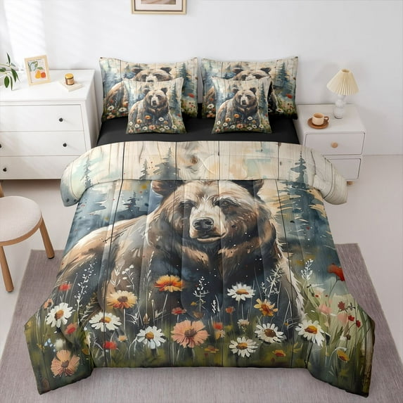 Feelyou Rustic Bear Boy Comforter Set 7pcs, Vibrant Groovy Floral King Bedding Sets